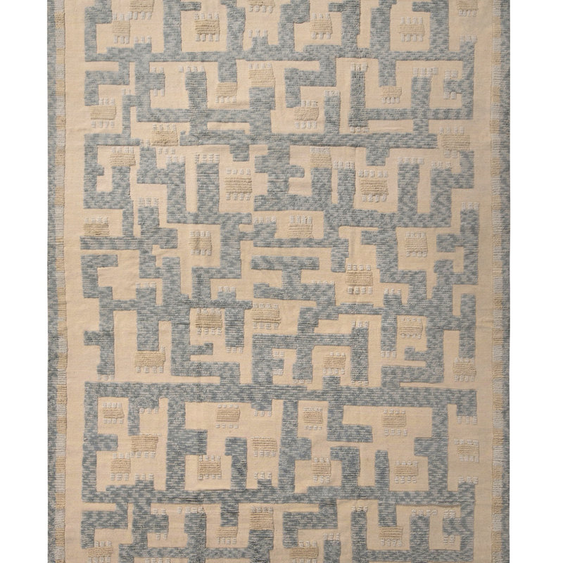 Rug & Kilim’S Scandinavian Geometric Cream & Blue Wool Pile Rug, Rectangle 9' x 12'