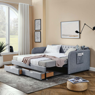 Twin Size Upholstery Extendable Daybed With Trundle Bed
