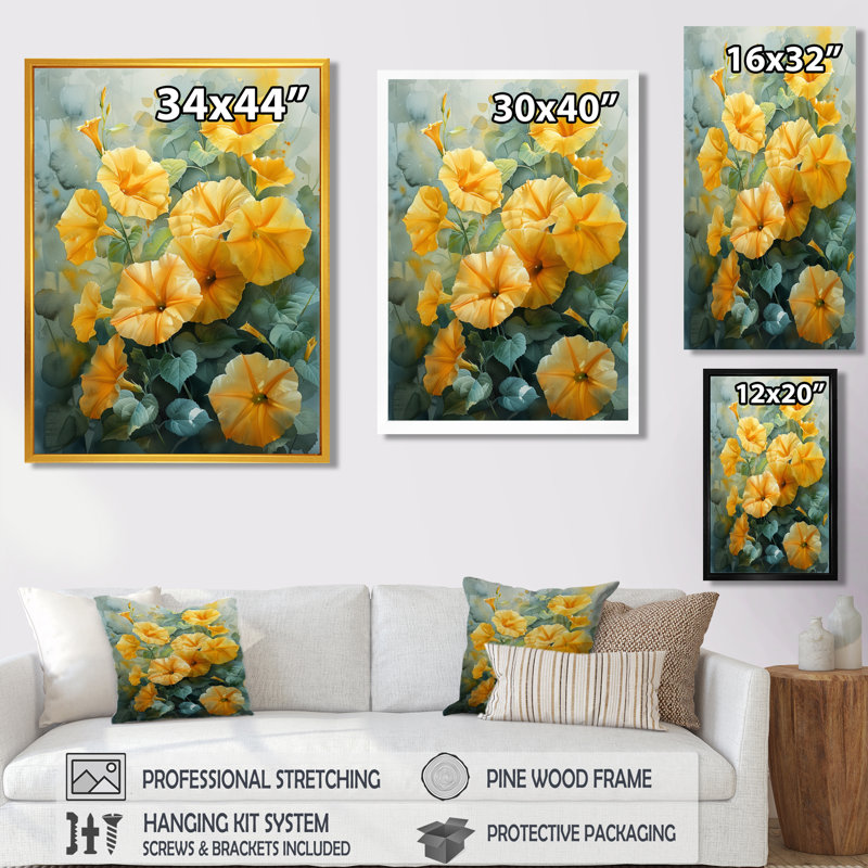 «Yellow Green Sun Morning Glory IV», art mural, H 34 po x l 44 po, Encadrement argenté