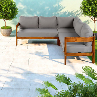 Canapés de patio spacieux, ensemble de coin en L moderne en bois d'acacia pour le jardin