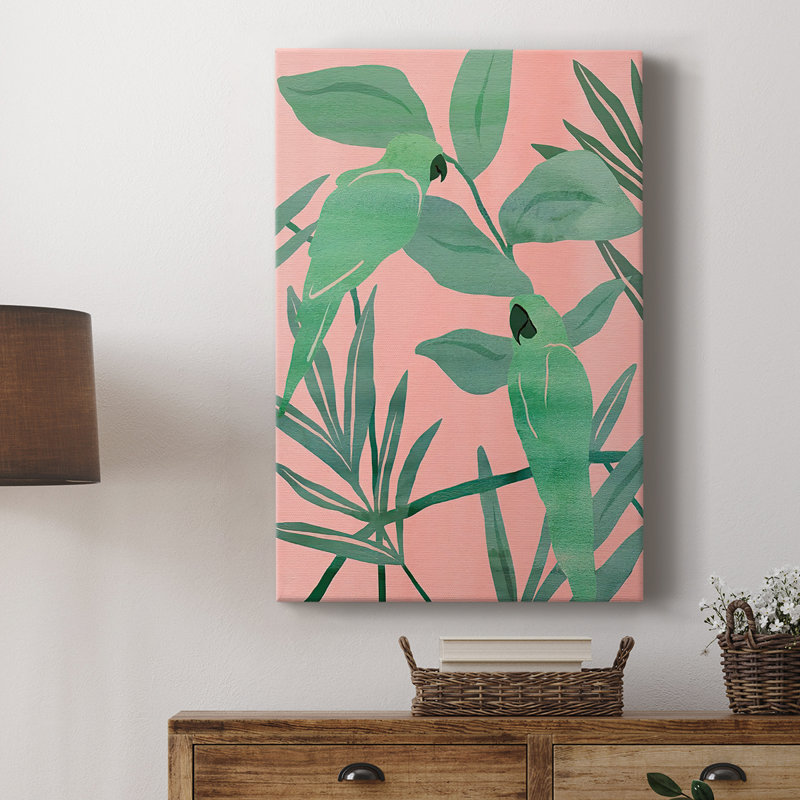 Oiseaux de paradis roses et verts I - galerie sur mesure, H 48 po x l 32 po