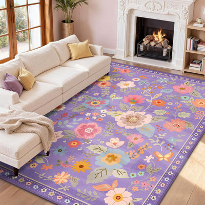 Tapis bohémien 8 x 10 à motif floral bohème / multicolore lavable à la machine et antidérapant pour chambre d'enfant
