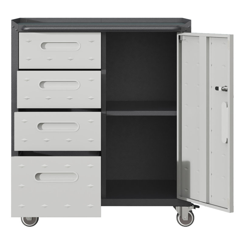 Garrett Heavy-duty Mobile Tool Cabinet With 4 Side Drawers & Locking Door, 29.5-inch Wide Rolling Steel Storage Organizer For Garage And Workshop, Black/gray