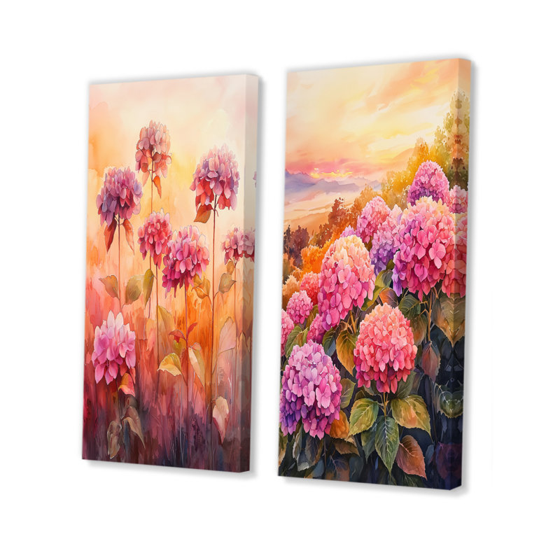 Hydrangea Field At Sunset I - Impression sur toile florale 2 panneaux, H 28 po x l 25 po, Toile tendue