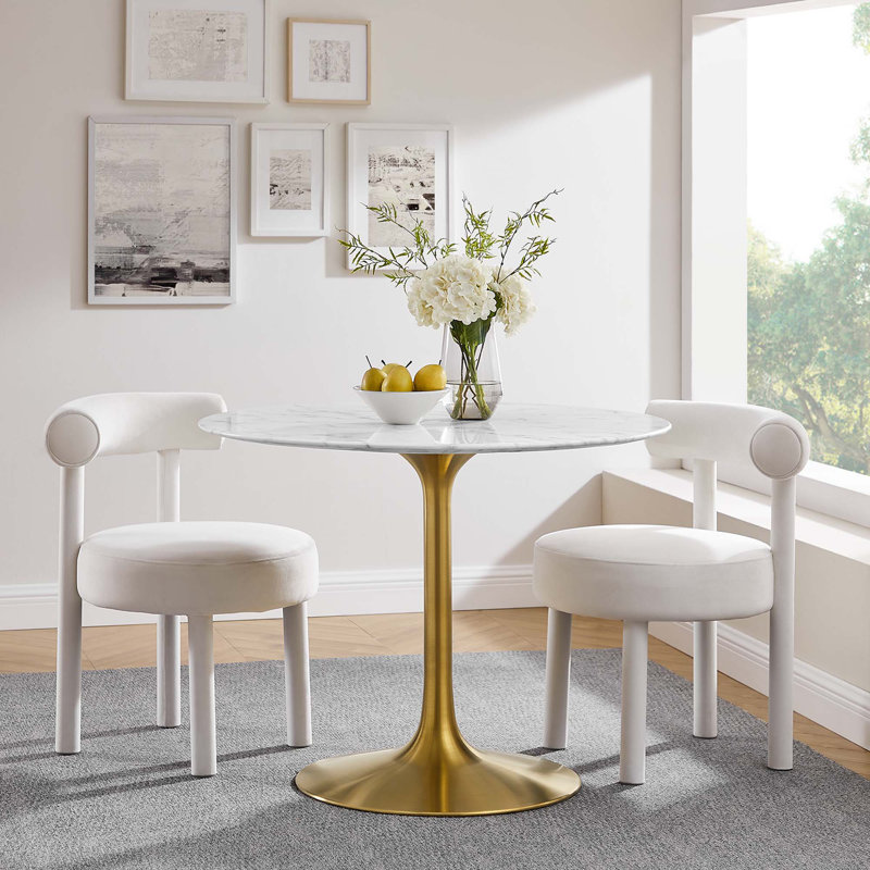  Table de salle à manger en marbre artificiel Lippa, H 29,5 po x L 40 po x l 40 po, Doré, Blanc