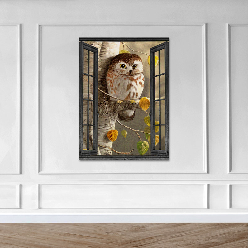 Chouette près de la fenêtre - «No Text», toile tendue avec châssis - Illustration animalière, décoration de salon brun