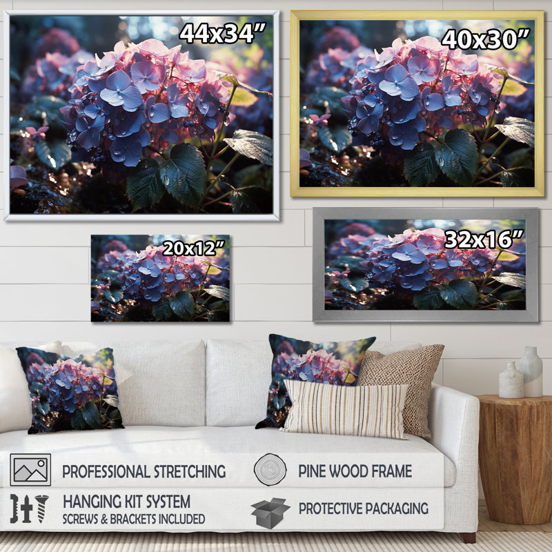 Champ d'hortensia mauve - imprimé, H 34 po x l 44 po x P 1,5 po, Cadre doré simple