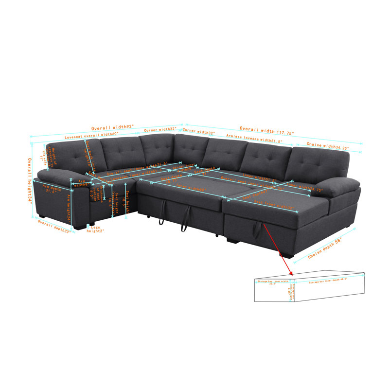 Aine 118" Wide Fabric Sectional Sleeper Sofa (Pull-Out Bed) With Storage Chaise, Dark Gray Microfiber/Microsuede
