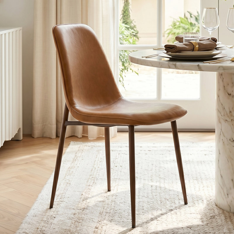 Chaises de salle à manger en similicuir avec pieds en métal au fini noyer, Brun