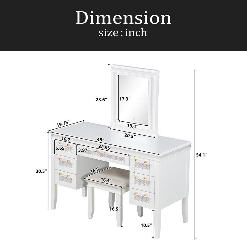 48" Vanity Desk With Mirror And Lights, Makeup Vanity With 7 Drawers And Cushioned Stool, Classic Finish Dressing Table With Hollow Design Drawer For Bedroom, Rubber Wood Legs