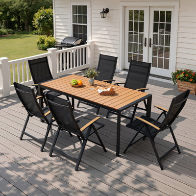 Ensemble de salle à manger rectangulaire en aluminium pour 6 personnes avec trou pour parasol et fauteuils inclinables pliés en L de 83 po