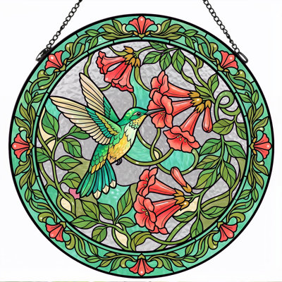 Hummingbird Floral Stained Glass Window Panel，12"H