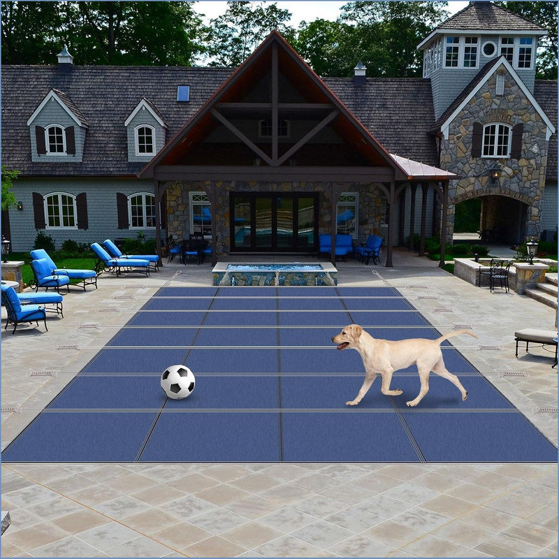 Couvertures de piscine de sécurité pour piscines creusées, couverture de piscine de sécurité rectangulaire avec marche centrale, couverture de piscine durable en filet pour piscine creusée avec outils d'installation, bleu