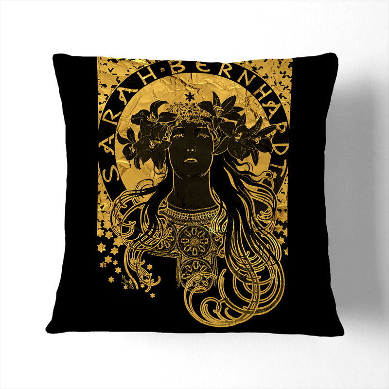 Sarah Bernhardt In Gold Square Throw Cushion, 40cm H x 40cm W x 15cm D, White