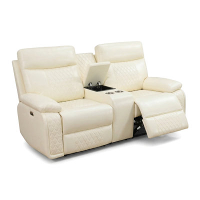 Off-White Breathable Semi PU Leather Loveseat Recliner - Intelligent Adjustable Sofa With Storage, Cup Holders & LED Lights, Durable Solid Wood Frame For Living Room