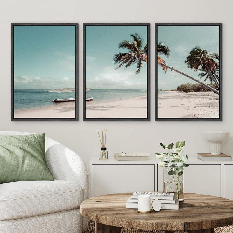 Plage tropicale avec palmiers, paysage côtier serein, photographie, réalisme, décor panoramique, Cadre flottant noir