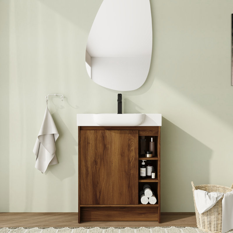 28'' Freestanding Single Bathroom Vanity with Ceramic Top and Soft-Close Doors, Brown Ebony
