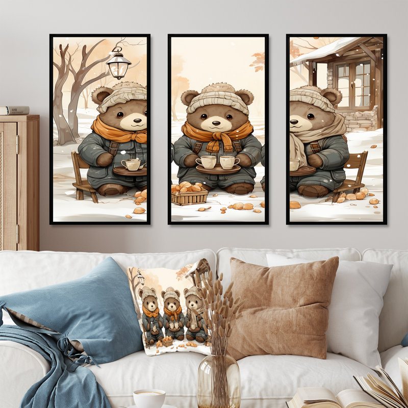 Ours en peluche d'hiver Snuggles II - art mural de l'ours en peluche, H 28 po x l 36 po, Cadre flottant noir