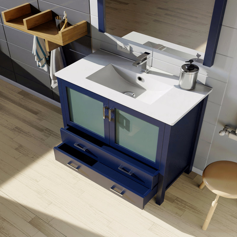 Ensemble de meuble-lavabo simple 36 po x 18,25 po avec comptoir en céramique blanc et robinet, Bleu, 36"
