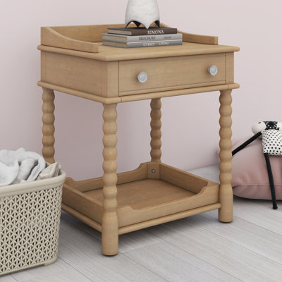 Table de chevet de style rétro avec tiroir, tablette ouverte et pieds tournés classiques