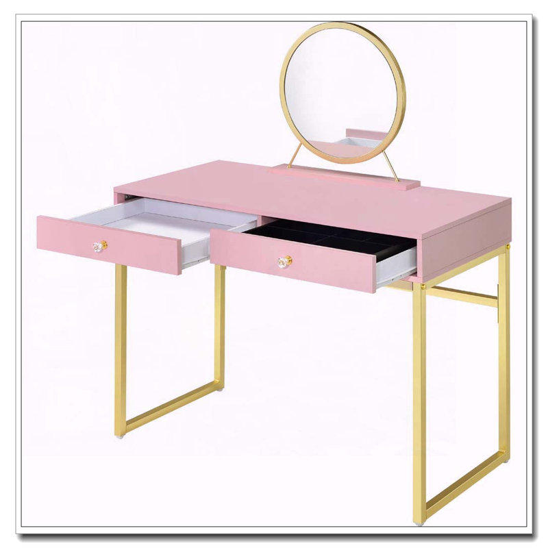 Bureau de coiffeuse 2 tiroirs avec miroir et plateau à bijoux, rose et or