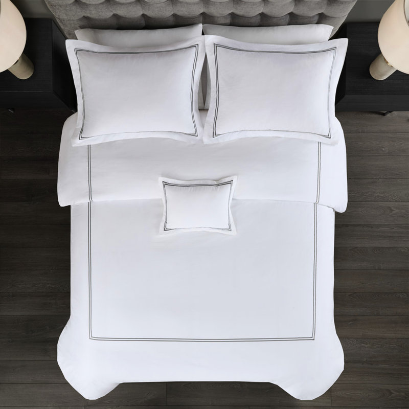 Édredon en coton doux à densité de tissage de 500 fils, double / grand, avec bordure brodée 500tc gris + blanc, housse de couette et taie d'oreiller amovible