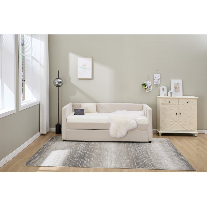 Beige Velvet Daybed, Sturdy Wooden Bed Frame, Modern Diamond Grid Pull-Out Design For Bedroom, Living Room Furniture, Beige