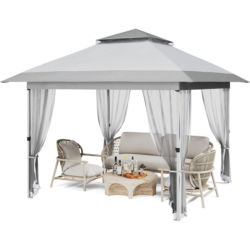 Outdoor Gazebo Pop-Up Canopy Tent With Curtains, Mosquito Netting & 2-Tiered Vented Top, 144 Sq Ft Shelter For Patio & Backyard Party