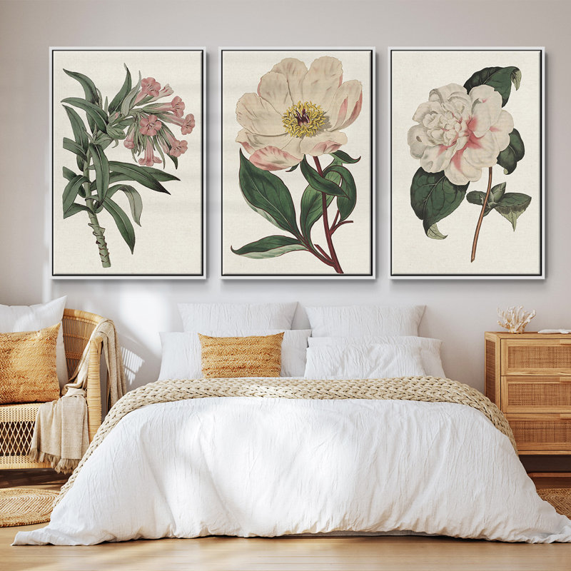 «Pink Floral Mix VI», ensemble de 3 cadres flottants sur toile, Blanc, H 27 po x l 54 po