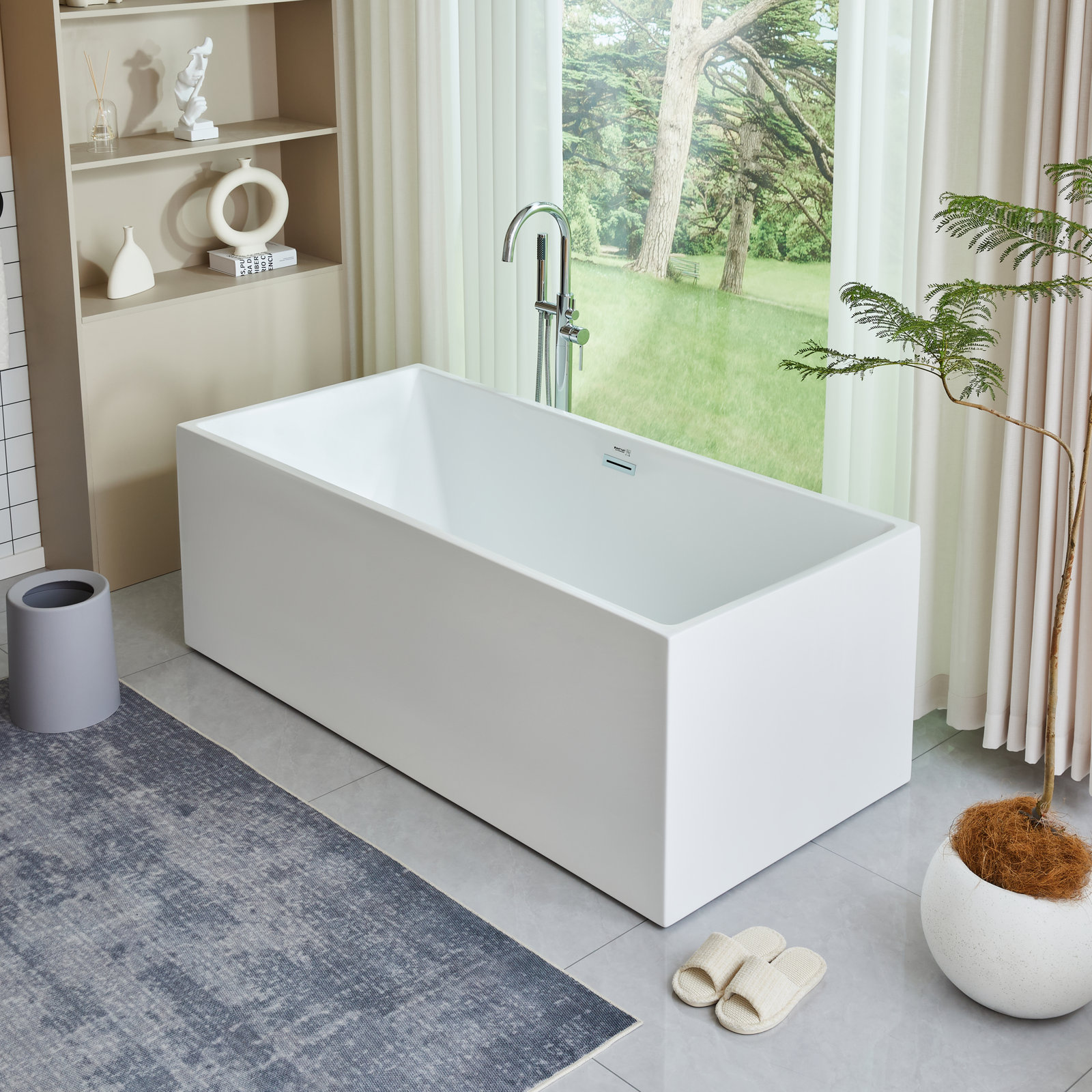 Chloe 59" Freestanding Soaking Bathtub, White/Polished Chrome