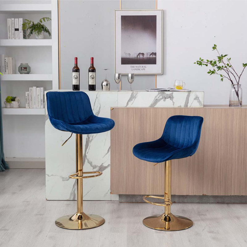 Ensemble de tabourets de bar rembourrés réglables en tissu chromé avec dossier et repose-pieds, Marine