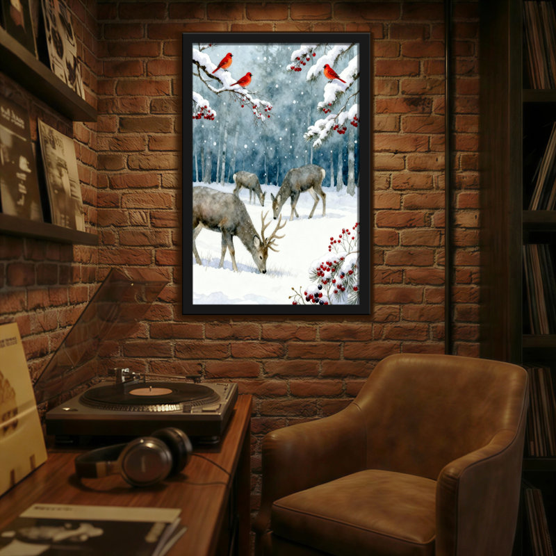 Animaux, hiver, forêt, cerf et oiseaux, H 30 po x l 20 po