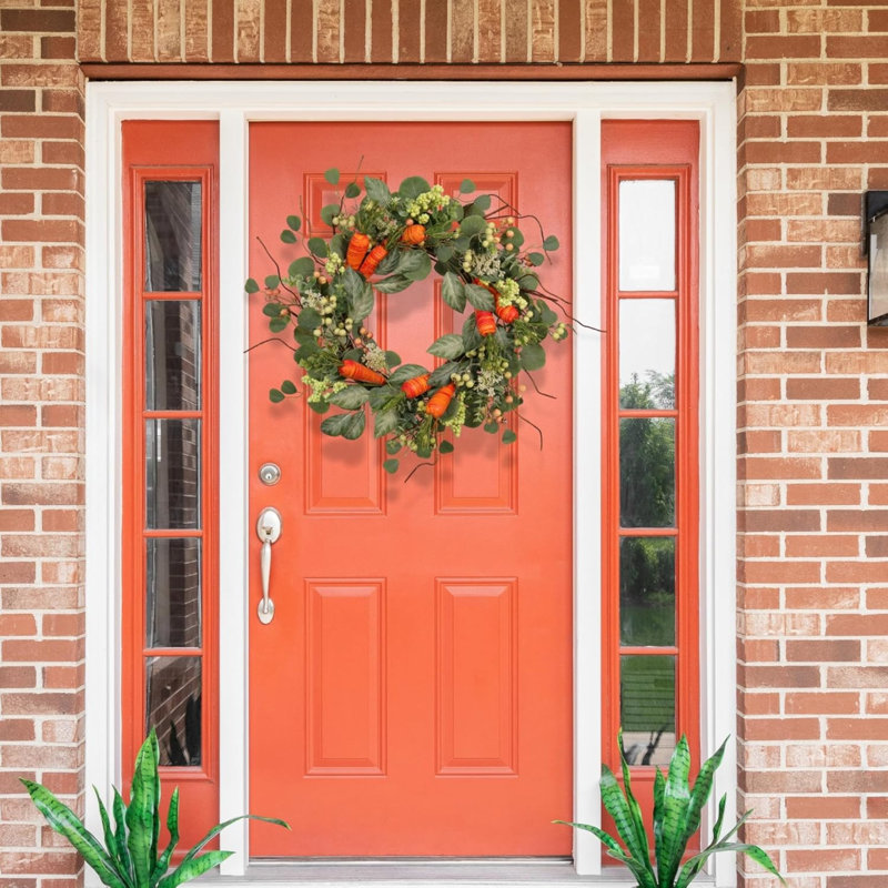 Couronne murale printemps eucalyptus artificiel 22 po, orange, vert, blanc, Pâques