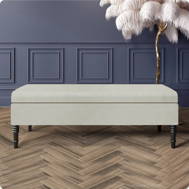 Safar Plain Upholstered Plush Velvet Ottoman Storage Bench with Black Turned Wooden Legs, Cream, 40cm H x 120cm W x 40cm D