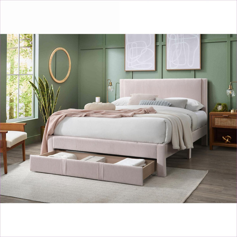 For Daily Bedroom Use, Blush Pink Corduroy Queen Platform Bed, Modern Upholstered Style with Hidden Storage