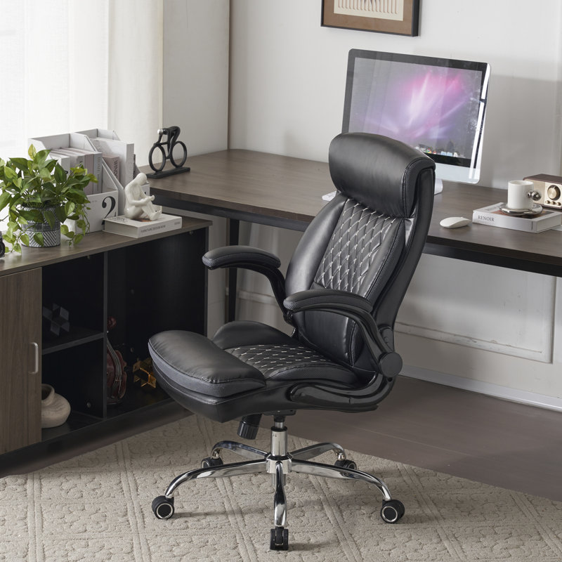Fauteuil de bureau ergonomique pivotant en cuir avec accoudoirs rabattables, Noir, noir, noir, noir