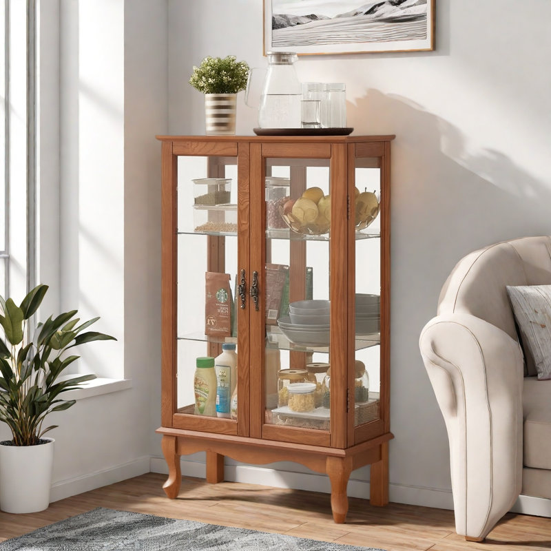 Curio Cabinet With 2 Tempered Glass Doors, Adjustable Shelves And Led Light, Oak