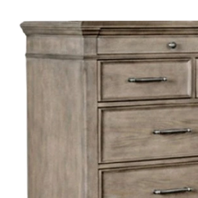 Commode large Zea, 9 tiroirs avec poignée chromée, pieds en oignon, chêne vieilli brun