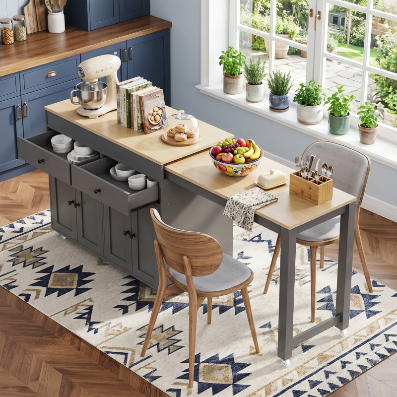 74.5" Gray Rolling Kitchen Island with Extendable Dining Table, Spice Rack, 2 Drawers & 4-Door Storage Cabinet, Grey