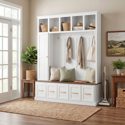 59" Entryway Hall Tree with Bench, Coat Hooks & Shoe Storage, Farmhouse Mudroom Organizer with Drawers & Cubbies, White Wood Entryway Furniture