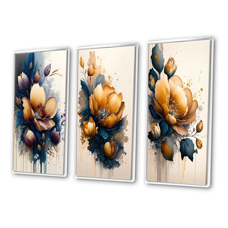 Orange et bleu fleurs de crocus - ensemble de 3 impressions, Cadre flottant blanc, H 32 po x l 48 po