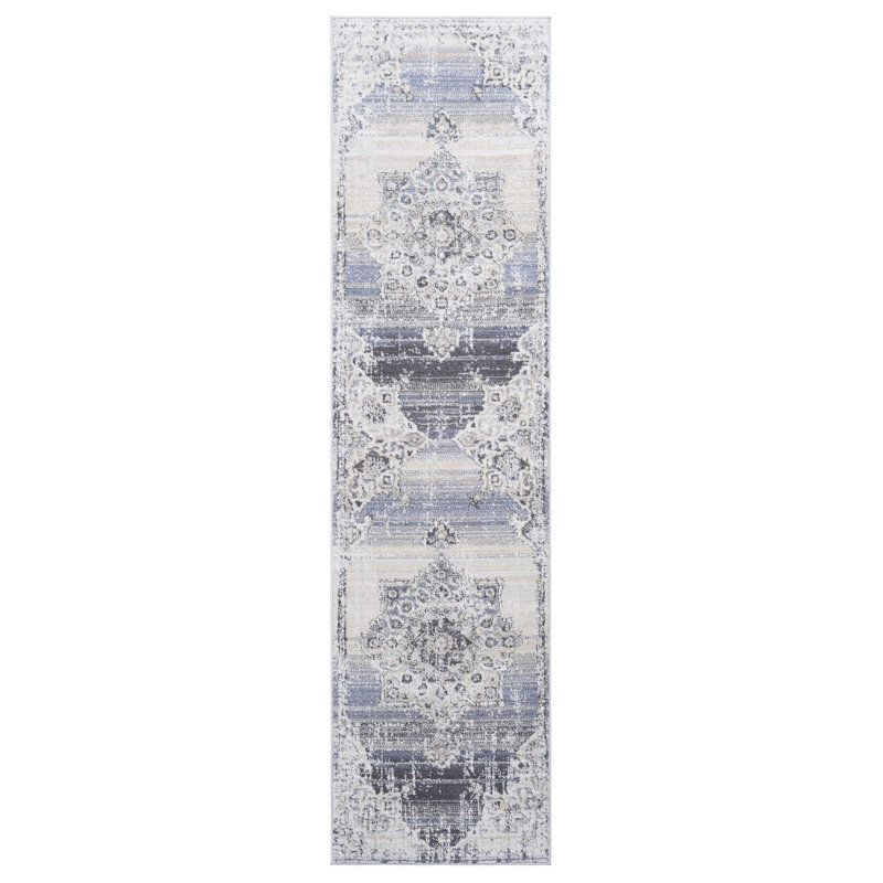 Area Rug For Bedrooms, 2X8 Cream/Blue Medallion, Non-Shedding And Warm With Cream/Blue, Stylish, Runner 2'2" x 8'