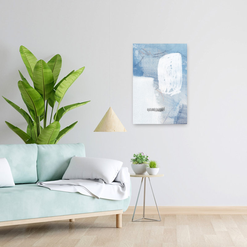 Art mural minimaliste contemporain blanc et bleu abstrait, H 24 po x l 16 po