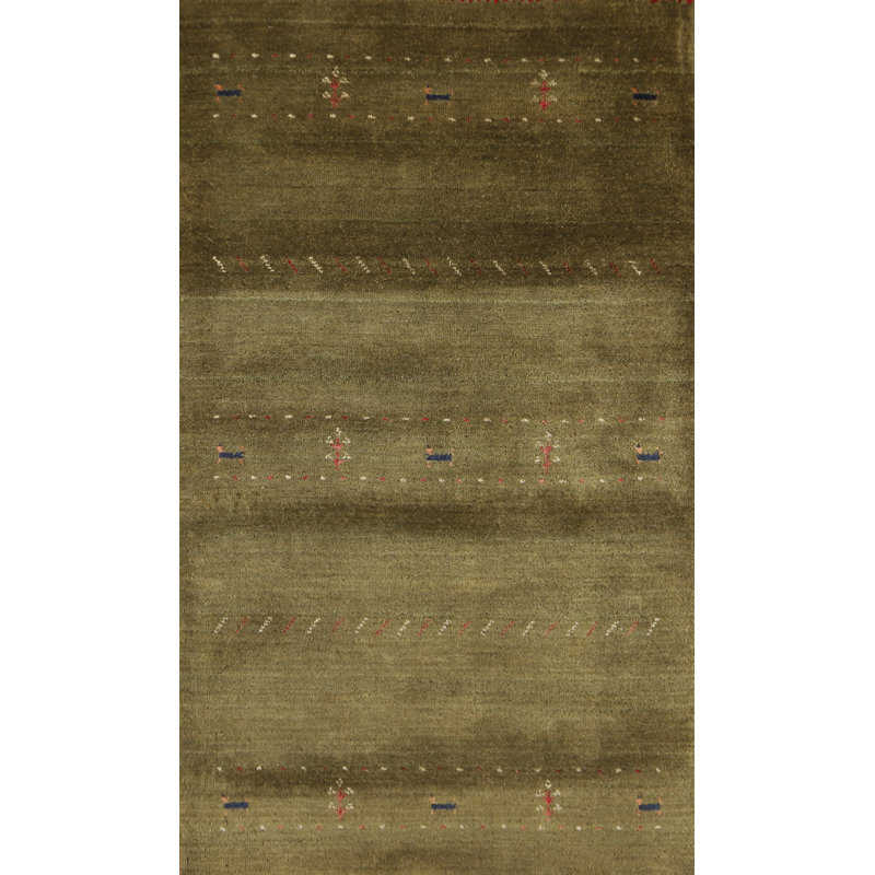 Tapis tribal en laine vert Gabbeh 3 x 5