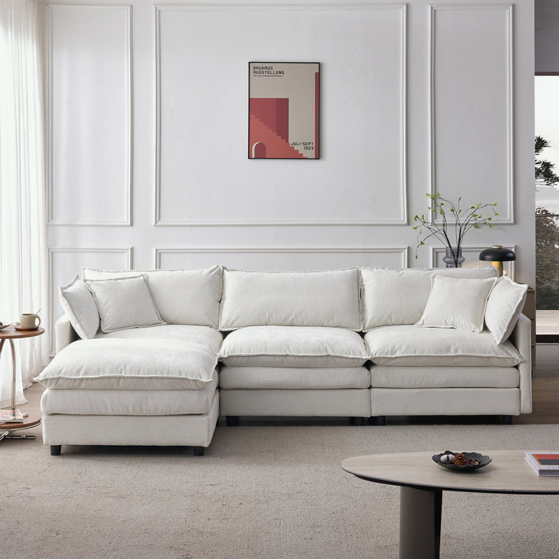 Canapé modulaire en L en chenille avec repose-pieds, Chenille beige