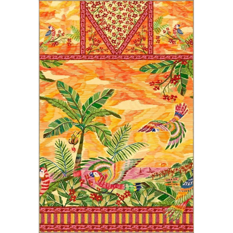 Geometric Beach Orange Patterned Washable Rug, Round 3'4"