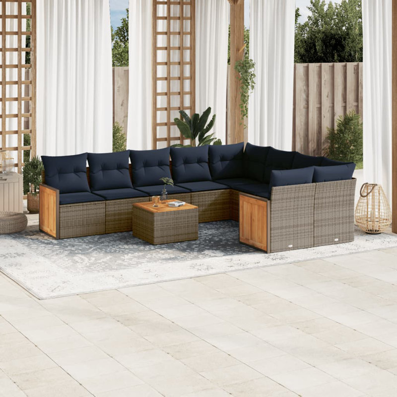  Ensemble de canapé de patio 10 pièces avec coussins en rotin de polyester gris