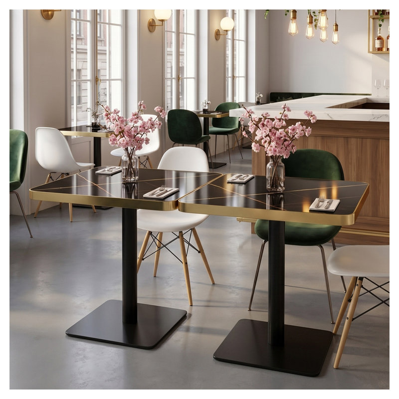 Ensemble de 2 tables de salle à manger carrées modernes avec plateau en faux marbre, base à piédestal noir et ensemble de table bistro de 24 pouces pour la cuisine et le café