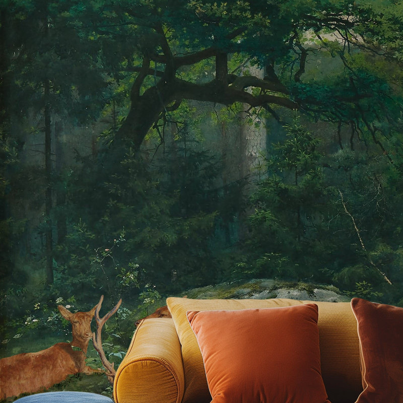 Green Vintage Forest Deer Wallpaper