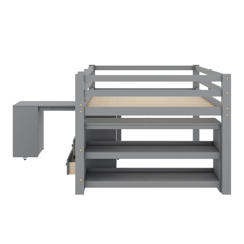 Lit mezzanine double bas avec cabinet, gris